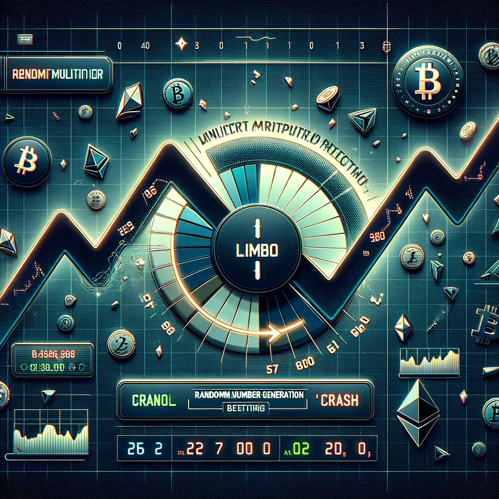 This image illustrates the mechanics of the Limbo game, focusing on the random number generation system and the concept of predicting multipliers. It features a digital dashboard with a line graph indicating the rising multipliers that players aim to predict, along with a 'crash' symbol to represent the game's end. The inclusion of cryptocurrency icons highlights the betting aspect, capturing the essence of strategy and chance in Limbo.