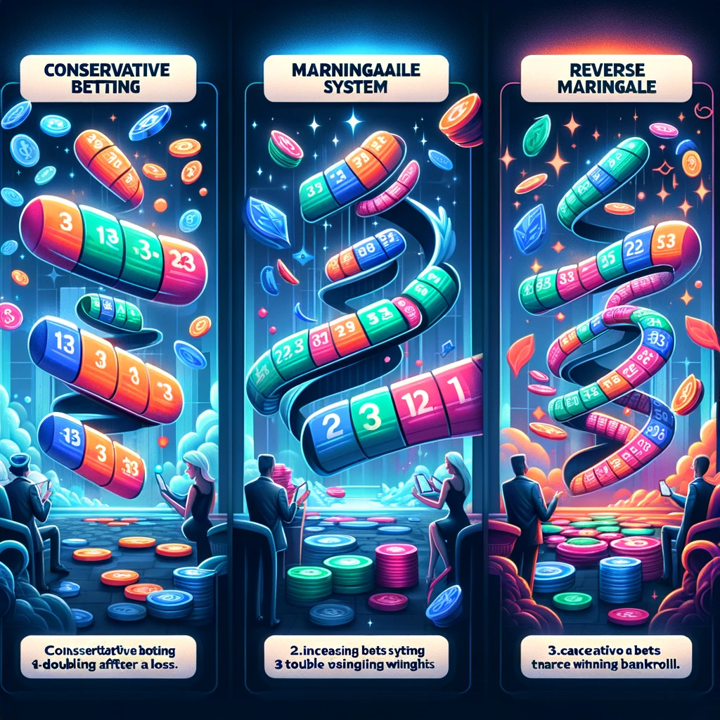 This image creatively illustrates the various strategies for achieving success in the Limbo game on BetFury. It visually divides into three sections, each depicting a different betting strategy: Conservative Betting, the Martingale System, and the Reverse Martingale. Each section is designed to represent the essence of its respective strategy, from starting with low bets to adjusting bets based on wins and losses, all within a vibrant and strategic gaming context.