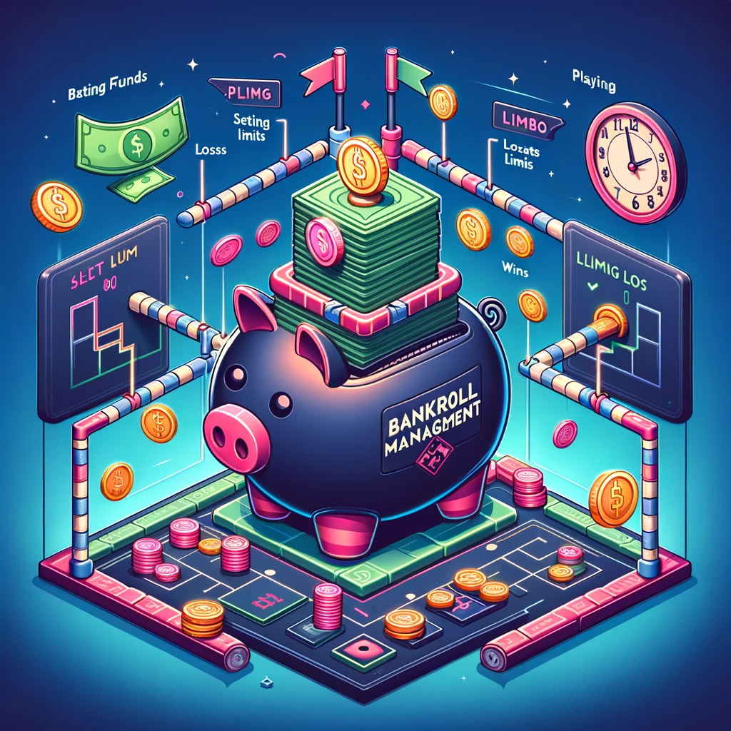 This image depicts the essential principle of bankroll management for playing Limbo on BetFury. It shows a digital wallet or piggy bank, segmented to illustrate the allocation of funds for play, and separate reserves for managing wins and losses. Visual elements like arrows and barriers emphasize the importance of setting limits, promoting a disciplined and responsible approach to gambling in the crypto environment. This visualization underscores the need for careful and strategic fund management in the pursuit of a balanced gaming experience.