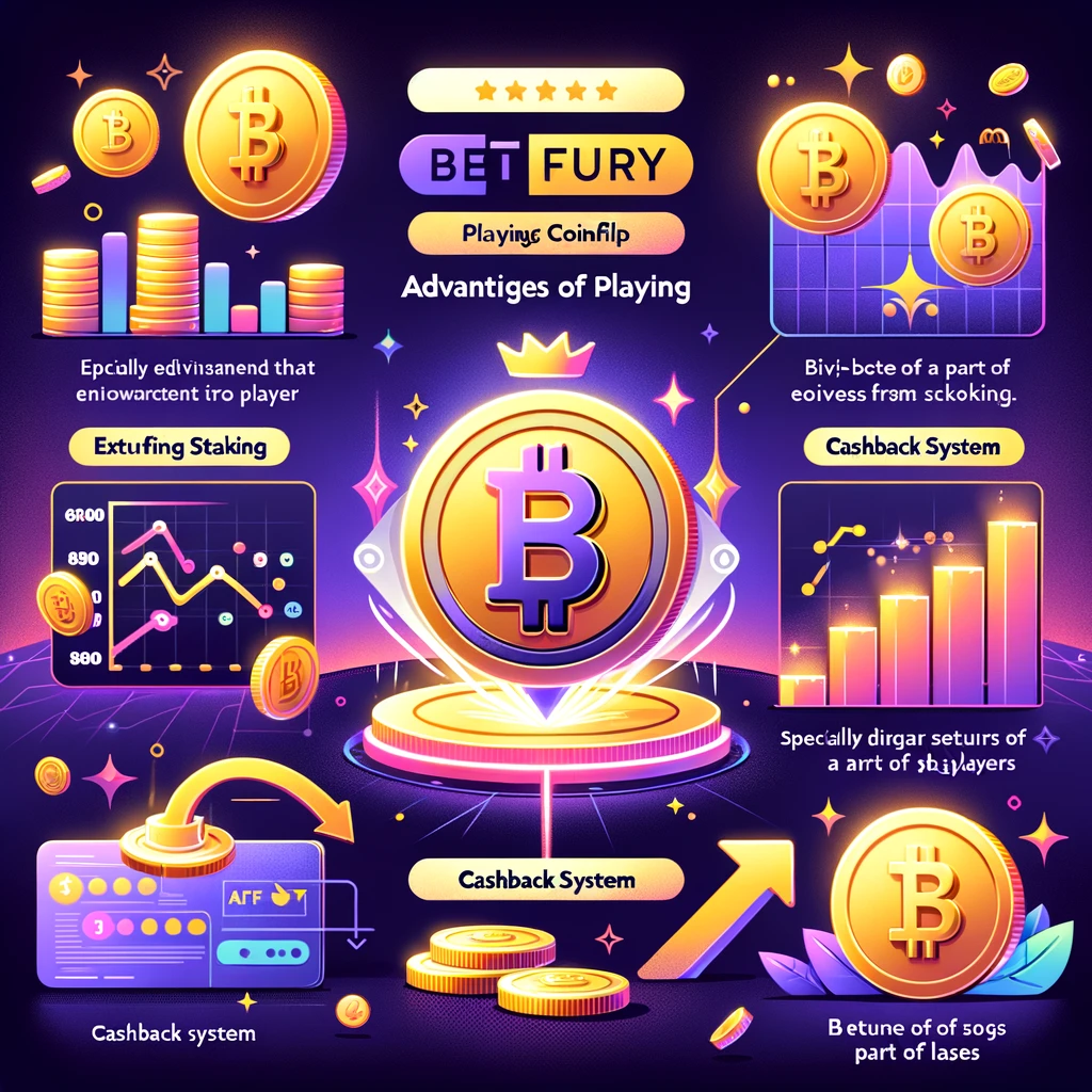 The image vividly captures BetFury's unique features, emphasizing the value-added benefits of playing CoinFlip, such as BFG Token Staking and the Cashback System, set against the platform's dynamic gaming environment.