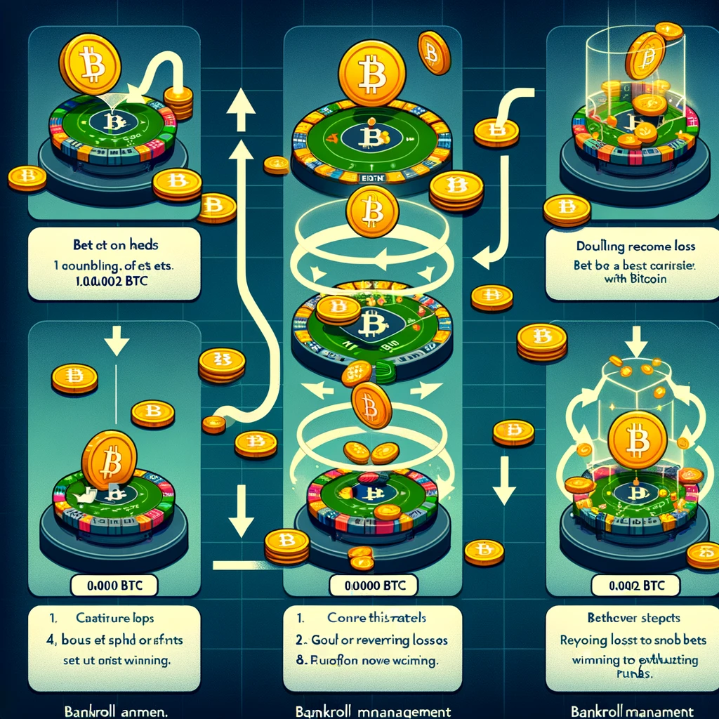 The image effectively illustrates the Martingale Strategy applied to a CoinFlip game using Bitcoin, starting with a modest bet and doubling it after each loss, aiming for a win that covers all previous losses and yields a profit equal to the initial bet. It also underscores the importance of mindful bankroll management to avoid depleting funds.