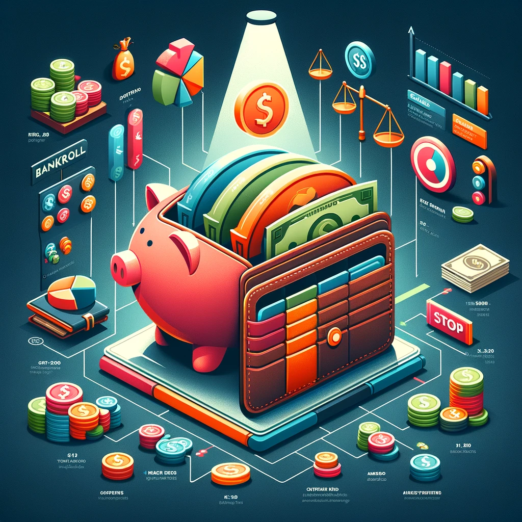 The image crafted represents the concept of bankroll management for betting games like Crash. It visualizes the idea of dividing a wallet or piggy bank into sections, each earmarked for different gaming sessions, with one section highlighted to signify the allocation of only a part of the total funds for a single session. Symbols such as a stop sign or a boundary are included to denote the importance of setting limits on wins and losses, and a balance scale symbolizes the careful management of risks and rewards. This visual aid underscores the significance of prudent financial management in gaming.