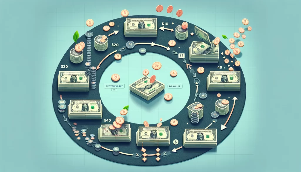 The image illustrates the progression of using the Martingale betting system, starting with an initial $10 bet. It visually captures the sequence of doubling bets after each loss, with a depiction of increasing amounts of coins or chips, and then returning to the original $10 bet after a win, highlighting the cyclical nature of this betting strategy.