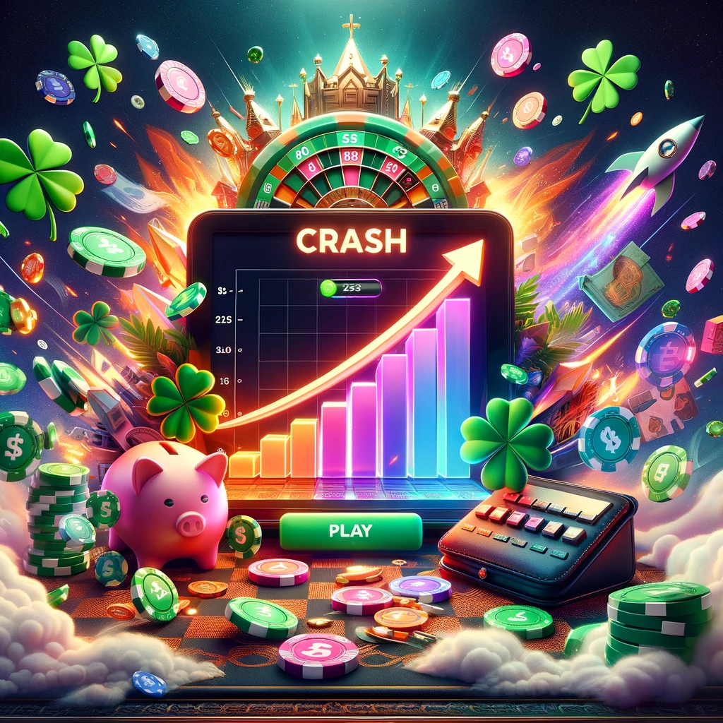 The image crafted captures the allure and excitement of playing the Crash game on Betfury, set within a lively casino atmosphere. It features a central depiction of the Crash game, highlighted by a rising graph that symbolizes the game's multiplier effect. Surrounding this are symbols of luck and strategic play, such as four-leaf clovers and chess pieces, along with tokens labeled 'BFG' to represent BFG Token Staking and a visual metaphor for the Cashback System. This vibrant composition invites players into the thrilling world of Betfury, where strategy and fortune converge for a chance at big wins.