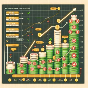 Here's the Anti-Martingale Progression Chart, visually depicting a betting sequence with multiple wins where the bet size doubles after each win. The chart uses upward arrows to indicate bet increases, stacks of coins or chips for bet sizes, green check marks for wins, and a red line or symbol to signify the reset point after a loss or when a winning streak cap is reached.