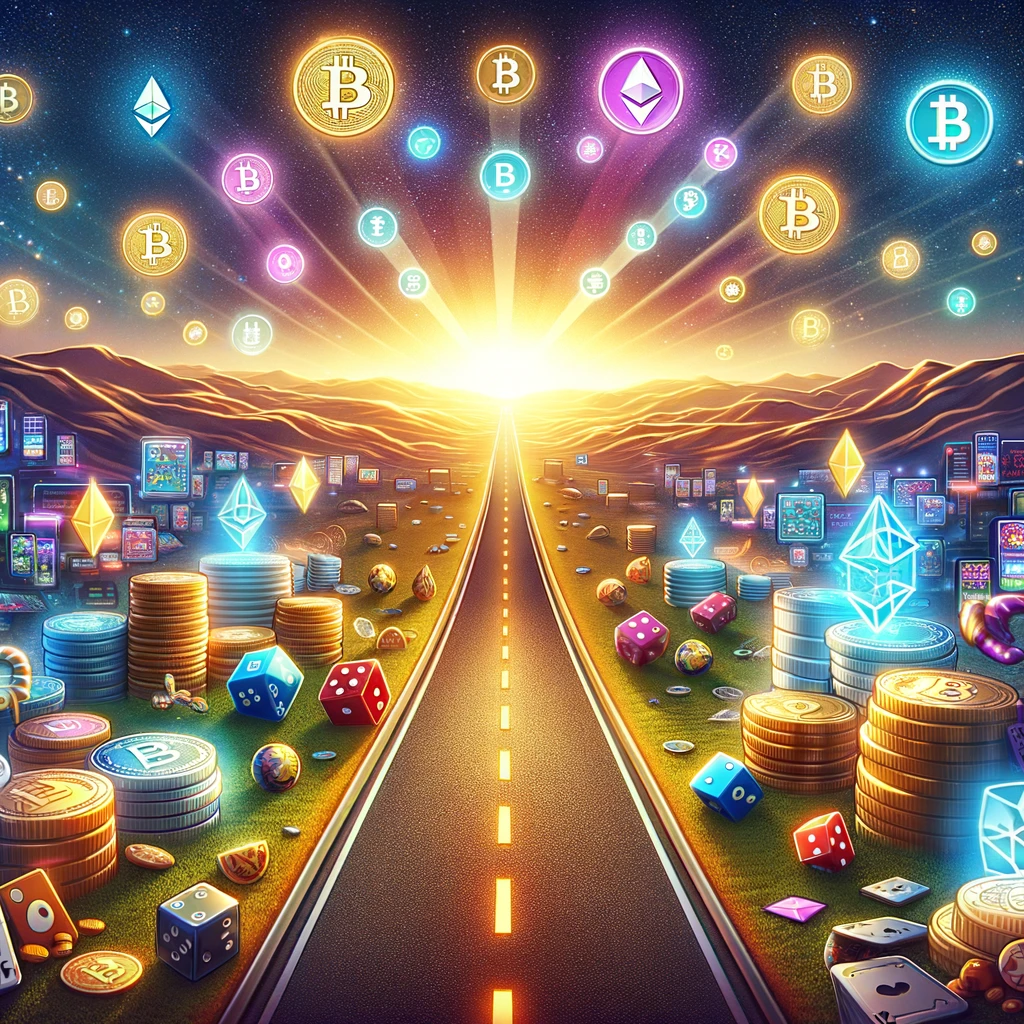 The image brings to life the concept of crypto staking on BetFury as a journey towards passive income, blending the thrill of gambling with the prospects of financial growth. A pathway illuminated with glowing digital currency symbols leads towards a horizon of opportunity, interspersed with elements of casino excitement like dice and cards. This visual narrative encourages exploration of BetFury's staking opportunities, promising a blend of entertainment and financial enhancement.