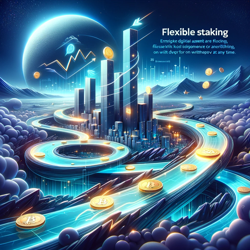 The image vividly represents the concept of Flexible Staking on BetFury, highlighting the liquidity and ease of access that characterize this option. Digital assets are depicted as freely floating or flowing, symbolizing the flexibility and control investors have over their funds, without the constraints of fixed terms. The inclusion of dynamic elements suggests the adaptability to market changes, making it an appealing choice for cautious investors or those new to the world of crypto staking. The BetFury logo is subtly integrated, tying the concept back to the platform.