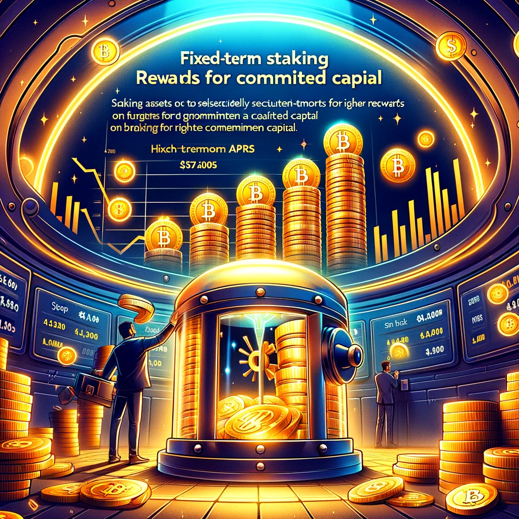 This image captures the essence of Fixed-Term Staking on BetFury, emphasizing the higher rewards that come with committed capital. Crypto assets are depicted as being securely locked away, symbolizing the dedication of funds for a set period to earn lucrative returns. The inclusion of rising financial graphs and glowing coins illustrates the potential for significant APRs, and the variety of lock durations showcased caters to diverse investment strategies and risk profiles. The BetFury logo anchors the concept to the platform, reinforcing its role in offering these rewarding investment opportunities.