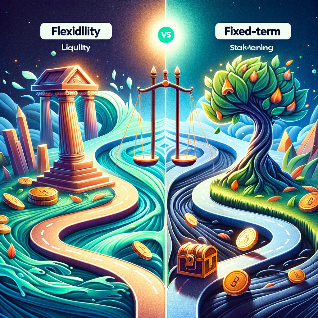 This image thoughtfully contrasts Flexible and Fixed-Term Staking on BetFury, guiding users in choosing the option that aligns with their investment preferences. The depiction of liquidity and freedom for Flexible Staking and growth and commitment for Fixed-Term Staking visually represents the considerations of investment goals, risk tolerance, and liquidity needs. The diverging path or scale in the center symbolizes the decision-making process, while the BetFury logo reaffirms the platform's accommodation of diverse investor needs.