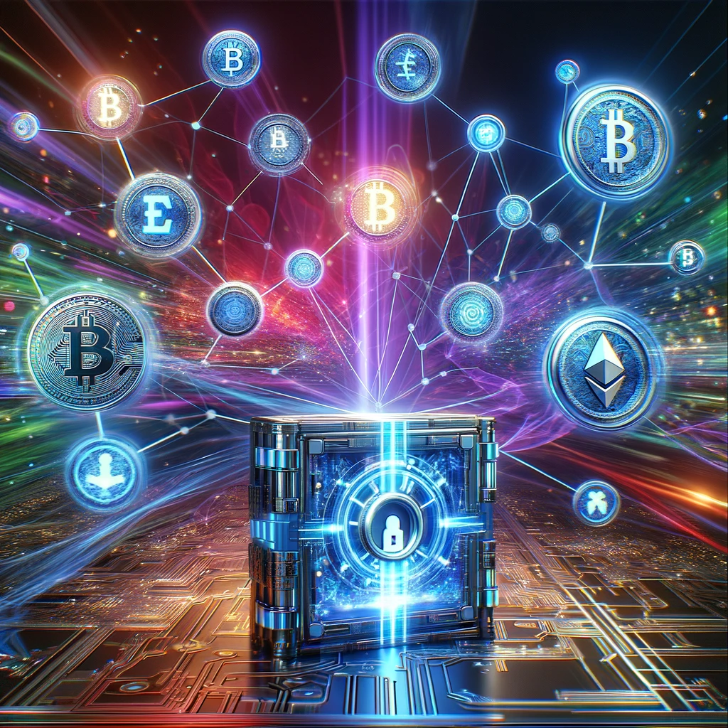 Interconnected network of digital tokens with speed and security symbols.