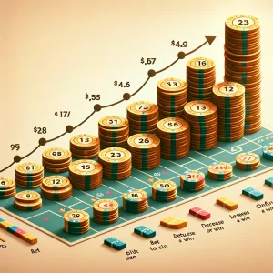 The graphic will illustrate a sequence of bets with a base bet size, and then show incremental increases and decreases in the bet size represented by units. Visual cues, such as slightly larger or smaller stacks of coins or chips, will indicate the bet adjustments after each win or loss, without the use of text.