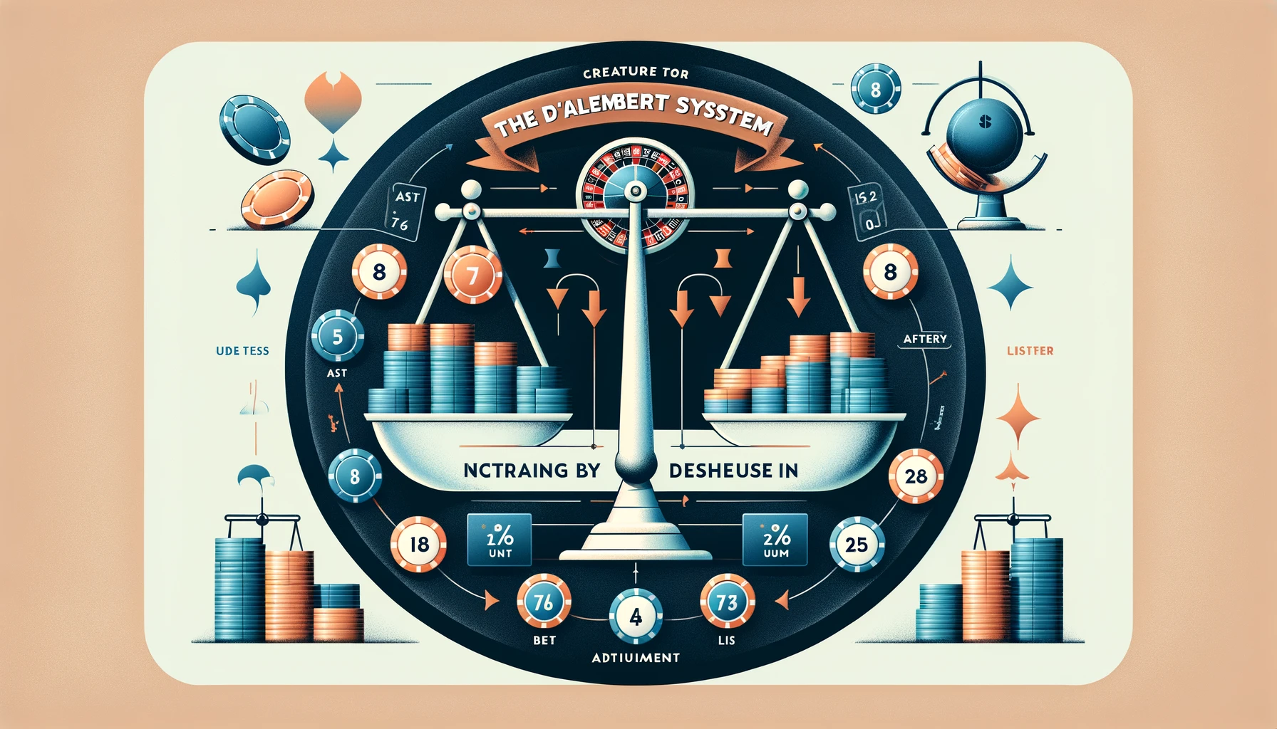 Here's the feature image for your blog post focused on the D'Alembert Betting System. The design encapsulates the essence of this conservative betting strategy, incorporating elements like balancing scales, a roulette wheel, casino chips, and a subtle graphical representation of incremental bet adjustments, all aimed at visually representing the methodical approach of the D'Alembert system.