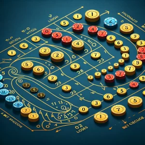 The graphic will show a sequence of bets, illustrating how the bet size changes according to the Fibonacci sequence (1, 1, 2, 3, 5, 8, 13, ...) after losses and wins. Visual cues, like numbered coins or chips, will represent the progression through the sequence, highlighting the increase after losses and the decrease after wins, without using text.