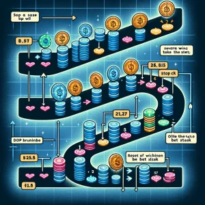 Here's the visual representation of the Anti-Martingale Strategy, using symbols and visual cues to illustrate a sequence of bets starting with a base bet. The graphic shows the progression through several wins, with each win doubling the bet size, and then either stopping at a predetermined point or resetting to the base bet size after a loss.