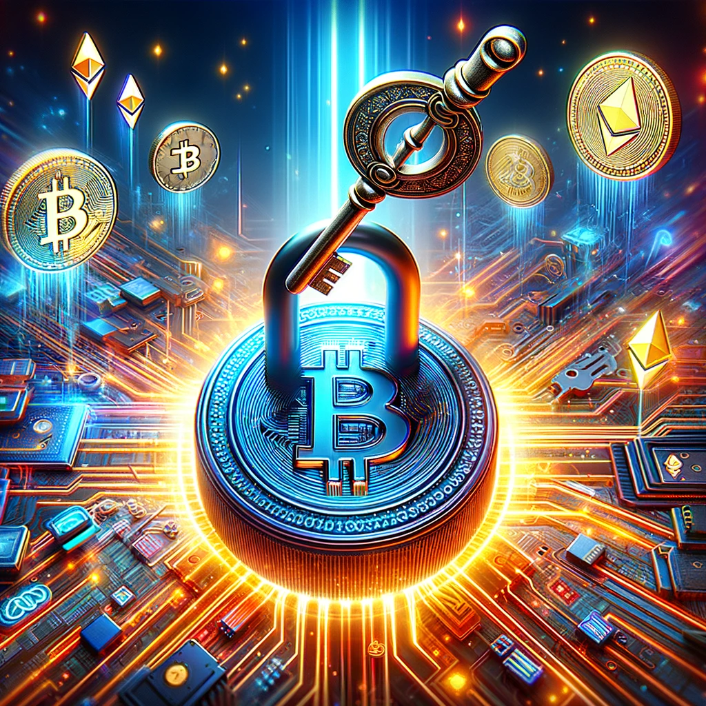 The image has been created to visually represent the concept of staking as a key unlocking potential rewards, with a digital key featuring the BFG token logo turning in a lock surrounded by various cryptocurrency symbols. This embodies the theme of unlocking the potential through BFG staking.