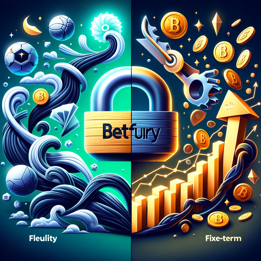 Here's the featured image designed to encapsulate BetFury's staking options, illustrating the contrast between Flexible and Fixed-Term Staking. The image creatively represents the balance between liquidity and potential earnings, inviting viewers to explore the staking opportunities on BetFury that best align with their investment strategies.
