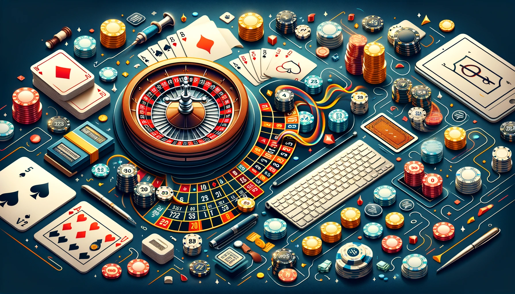 This image visually represents the concept of doubling bets after losses within a casino environment, incorporating elements like roulette wheels, playing cards, casino chips, and a suggestive graph or chart of bet doubling progression. The design aims to encapsulate the risk and reward dynamic inherent in the Martingale system