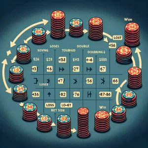 Here's a visual aid illustrating the Martingale Strategy. This graphic demonstrates the concept of doubling the bet after each loss and the recovery that occurs with a single win. It shows a sequence of bets, starting with a base bet and detailing the progression through several losses followed by a win, highlighting how the win covers the previous losses and returns to the base bet size after the win.
