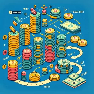 Here's the visual representation of the Paroli System, illustrating a sequence of bets where the bet size doubles after each win, up to three wins, followed by a reset to the base bet size. The graphic uses visual cues like increasingly larger stacks of coins or chips to depict the doubling of bets, with a clear indication of a reset to signify the return to the base bet size.