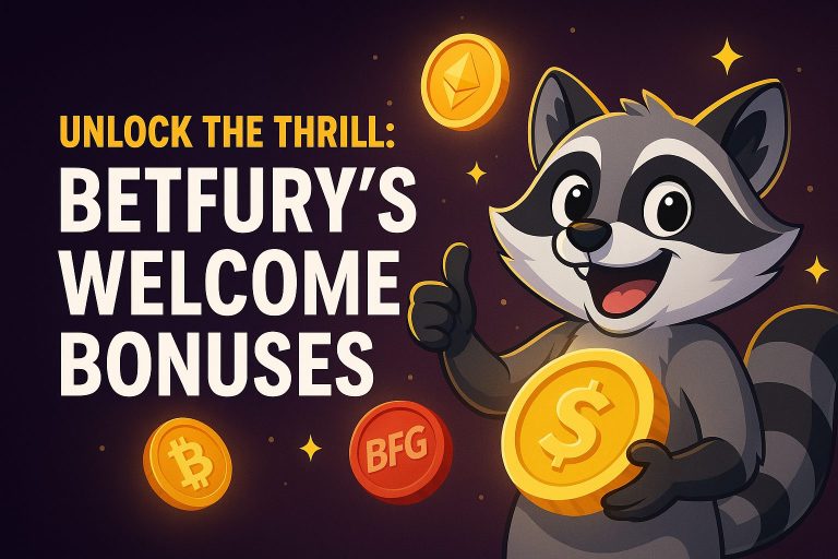 Cartoon raccoon Rakey holding a glowing coin with a dollar sign, surrounded by crypto icons and bold welcome bonus text