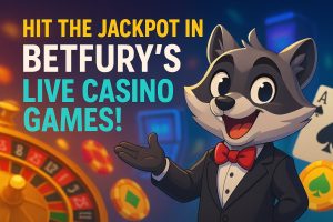 Rakey the raccoon in a tuxedo gesturing toward a glowing casino backdrop with a roulette wheel, coins, and the text “Hit the Jackpot in BetFury’s Live Casino Games!”