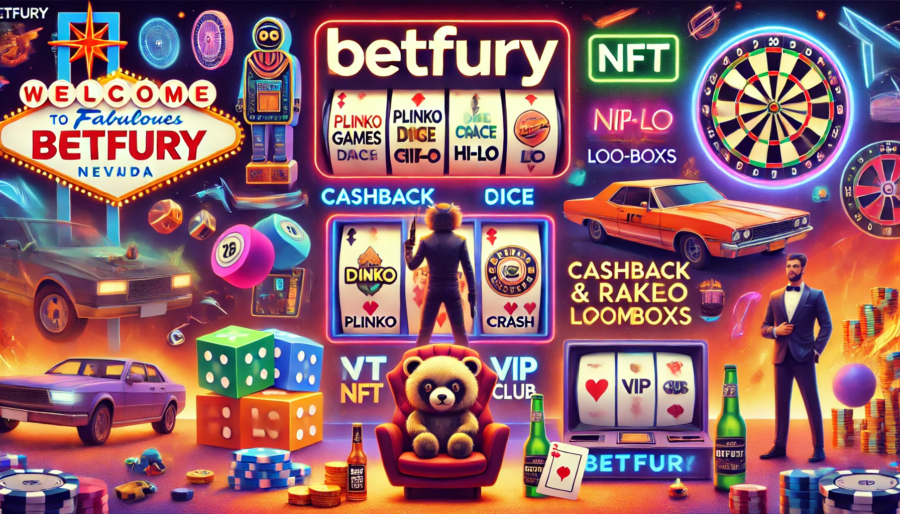 A vibrant collage of BetFury features and promotions.