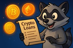 Rakey the raccoon holding a scroll labeled "Crypto Loans" with floating Bitcoin, Ethereum, and BFG coins nearby