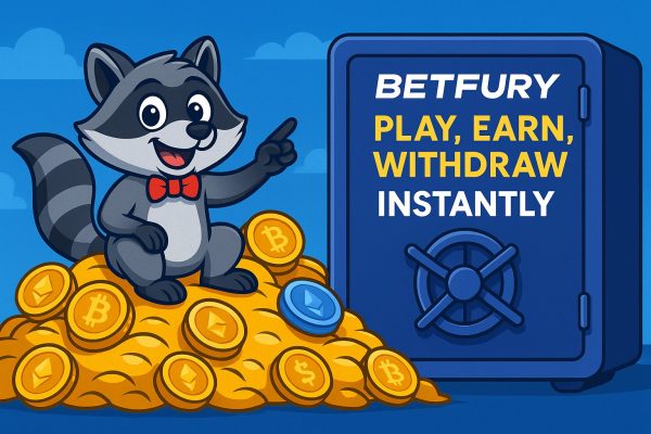Rakey the Raccoon on a pile of crypto promoting BetFury as the best crypto casino 2025.